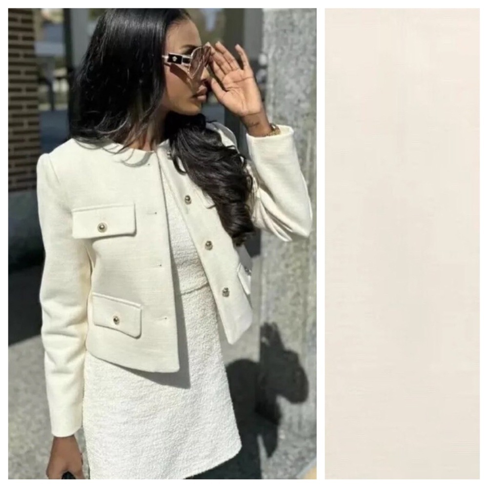NWT. Zara Ecru Gold Button Cropped Blazer with Flaps. Size L.